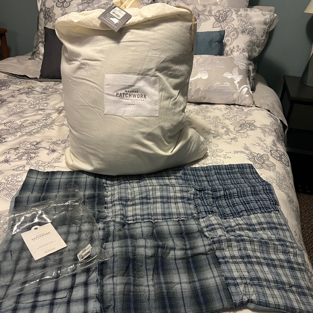 Restoration Hardware Blue Madras Patchwork Twin Quilt and Standard Sham